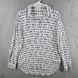 Jane and Delancey Womens Small Blue Bird Print Rayon Roll Tab Button Up Shirt